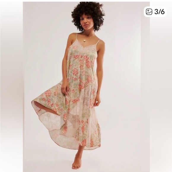 Free People Dresses & Skirts - Free People Sheer Floral Maxi Slip Dress in Pink and Cream